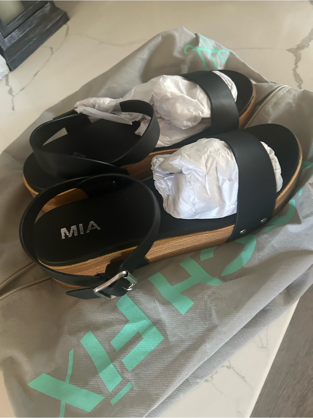 MIA Black Strappy Platform Sandals with Faux Wood Sole